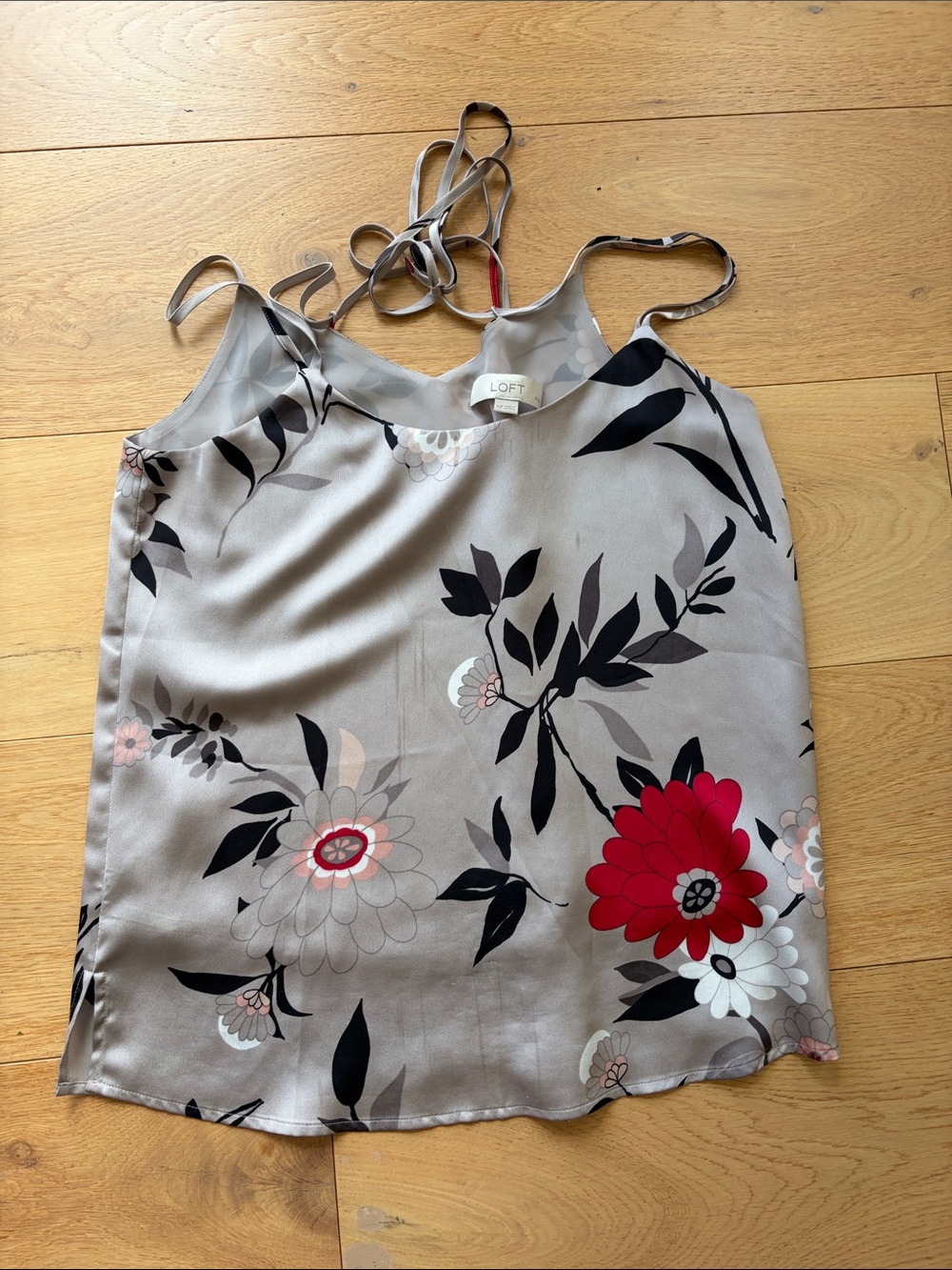 LOFT Gray Floral Silk-Feel Camisole with Red Blossom